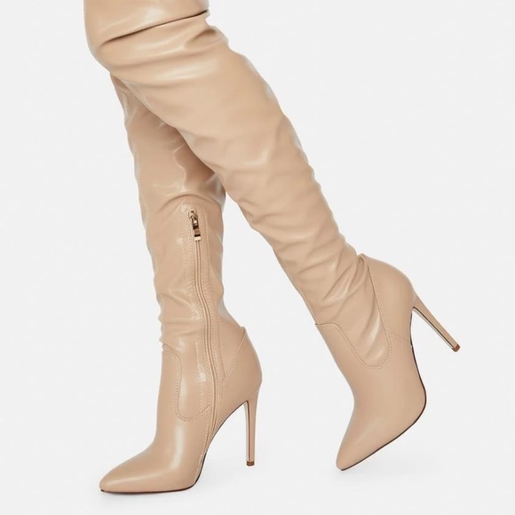 Thigh High Boots with Stiletto Heel Beige Buttery Soft Size 7.5 Calf Side Zipper - Picture 1 of 7